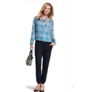 CAbi‎ Windowpane Wrap Blouse #3068 Hi-Lo Teal Size Medium
